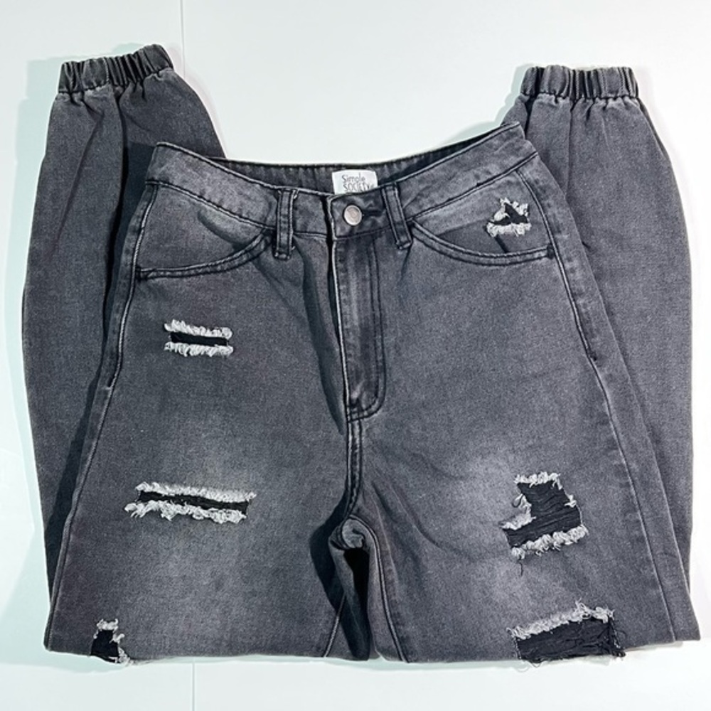 Simple Society Black Faded Destructed Jean Joggers High Rise Funky Grunge Size 1